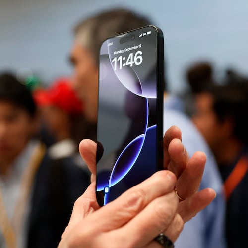 FILE - The new iPhone 16 is displayed during an announcement of new products at Apple headquarters Sept. 9, 2024, in Cupertino, Calif. (AP Photo/Juliana Yamada, File)