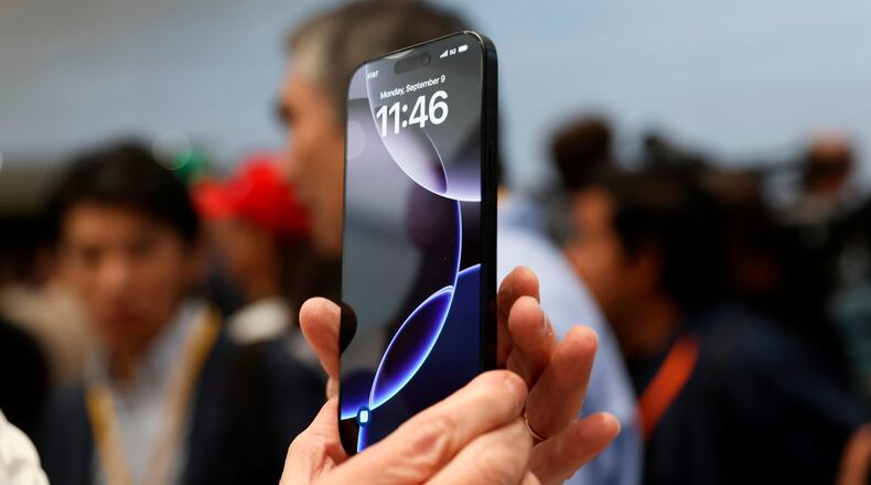 FILE - The new iPhone 16 is displayed during an announcement of new products at Apple headquarters Sept. 9, 2024, in Cupertino, Calif. (AP Photo/Juliana Yamada, File)