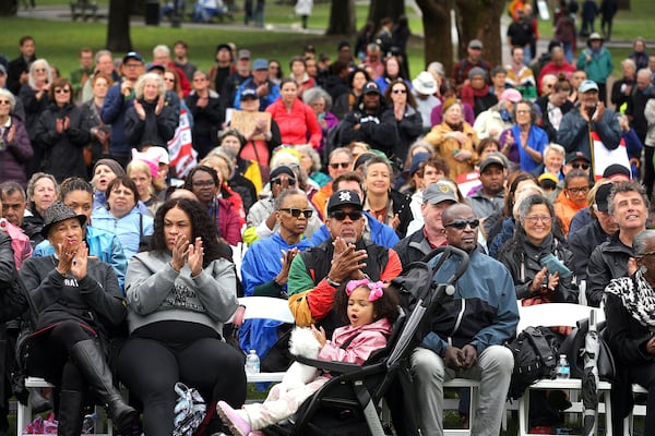 Hundreds of people hold a rally at the Parkman Bandstand on Boston Common on Saturday, April 26, 2025, to commemorate the 60th anniversary of the 1965 Freedom Rally on Boston Common which featured Martin Luther King Jr. (John Tlumacki/The Boston Globe via AP)