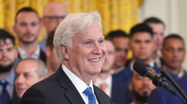 FILE - Los Angeles Dodgers owner and chairman Mark Walter speaks during a ceremony to honor the Major League Baseball 2024 World Series Champion team in the East Room of the White House, April 7, 2025, in Washington. (AP Photo/Evan Vucci, File)