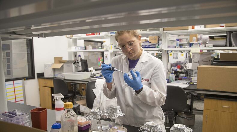 University of Georgia fourth-year graduate student Amanda Skarlupka starts a bacteria culture for plasmids while working in the labs at the University of Georgia College of Veterinary Medicine building in Athens. in May 2020. The university is making renovations to the building and others on campus as well as beginning new construction. ALYSSA POINTER / ALYSSA.POINTER@AJC.COM