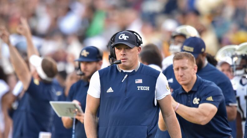 Georgia Tech head coach Geoff Collins reacts during the first half of an NCAA college football game at Bobby Dodd Stadium on Saturday, November 16, 2019. (Hyosub Shin / Hyosub.Shin@ajc.com)