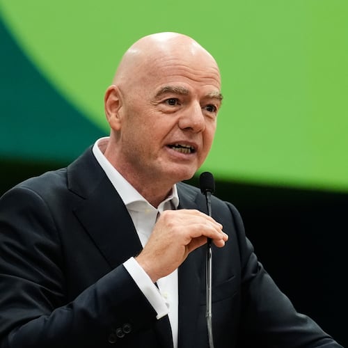 FILE - FIFA President Gianni Infantino makes comments during the opening ceremony of the International Broadcast Center, June 1, 2026, in Dallas. (AP Photo/Tony Gutierrez, File)