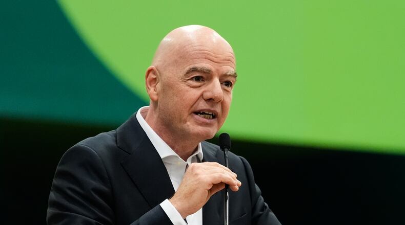 FILE - FIFA President Gianni Infantino makes comments during the opening ceremony of the International Broadcast Center, June 1, 2026, in Dallas. (AP Photo/Tony Gutierrez, File)