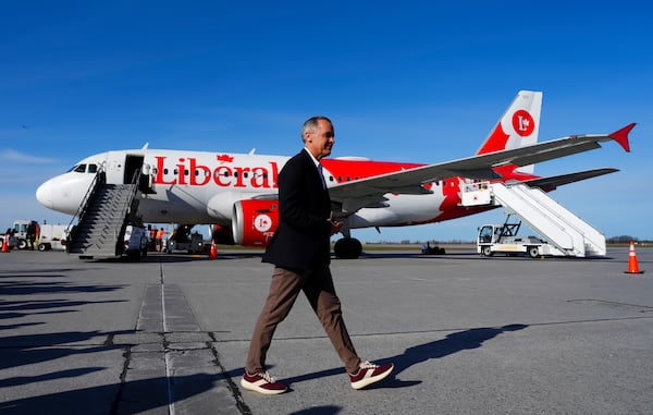 Liberal Leader Mark Carney arrives in Ottawa, Canada, Monday, April 28, 2025. (Sean Kilpatrick/The Canadian Press via AP)