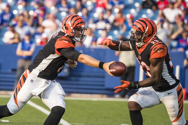 ORCHARD PARK, NY - AUGUST 26: Matt Barkley #7 hands the ball off to Brian Hill #23 of the Cincinnati Bengals during the second half against the Buffalo Bills during a preseason game at New Era Field on August 26, 2018 in Orchard Park, New York. Cincinnati defeats Buffalo 26-13 in the preseason matchup. (Photo by Brett Carlsen/Getty Images)