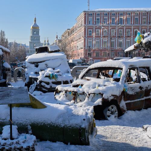 Snow covered, damaged Russian military vehicles are on display in downtown Kyiv, Ukraine, Friday, Jan. 16, 2026. (AP Photo/Efrem Lukatsky)