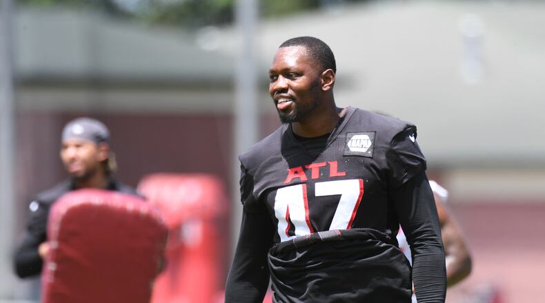 Falcons OLB Arnold Ebiketie (47) participates during rookie minicamp at the Atlanta Falcons Practice Facility in Flowery Branch on Saturday, May 14, 2022. (Hyosub Shin / Hyosub.Shin@ajc.com)