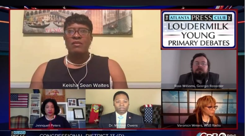 Screenshot of candidates for the Democratic primary in Congressional District 13, except for incumbent U.S. Rep. David Scott, facing off in a debate hosted by The Atlanta Press Club on May 4, 2020.