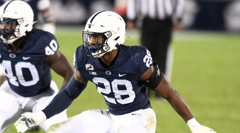 Penn State defensive end Jayson Oweh (28) rushes against Ohio State in the first quarter of an NCAA college football game in State College, Pa., on Saturday, Oct. 31, 2020. He's is one of the top pass rushers in the draft, but had 0 sacks last season. (AP Photo/Barry Reeger)