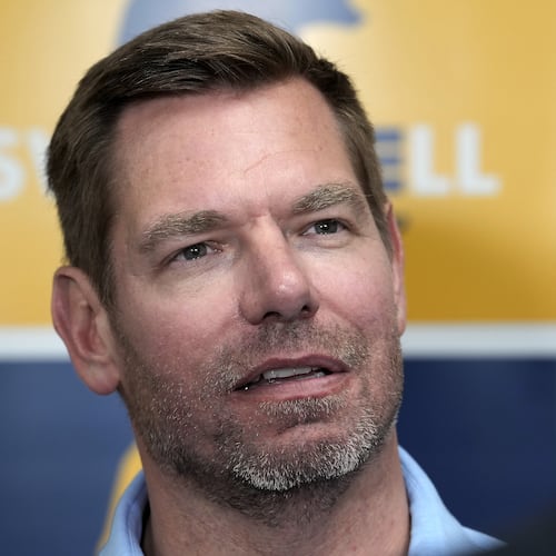FYI - Rep. Eric Swalwell, D-Calif., talks with reporters after holding a town hall meeting in Sacramento, Calif., April 7, 2026. (AP Photo/Rich Pedroncelli, File)