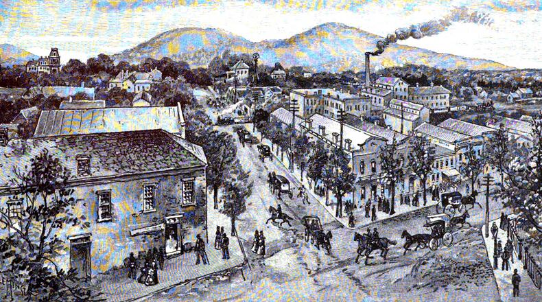 An artist's sketch depicts Marietta during the Civil War, looking west toward the twin peaks of the Kennesaw Mountain range. From "The Mountain Campaigns in Georgia, or War Scenes on the W&A," by Joseph M. Brown.