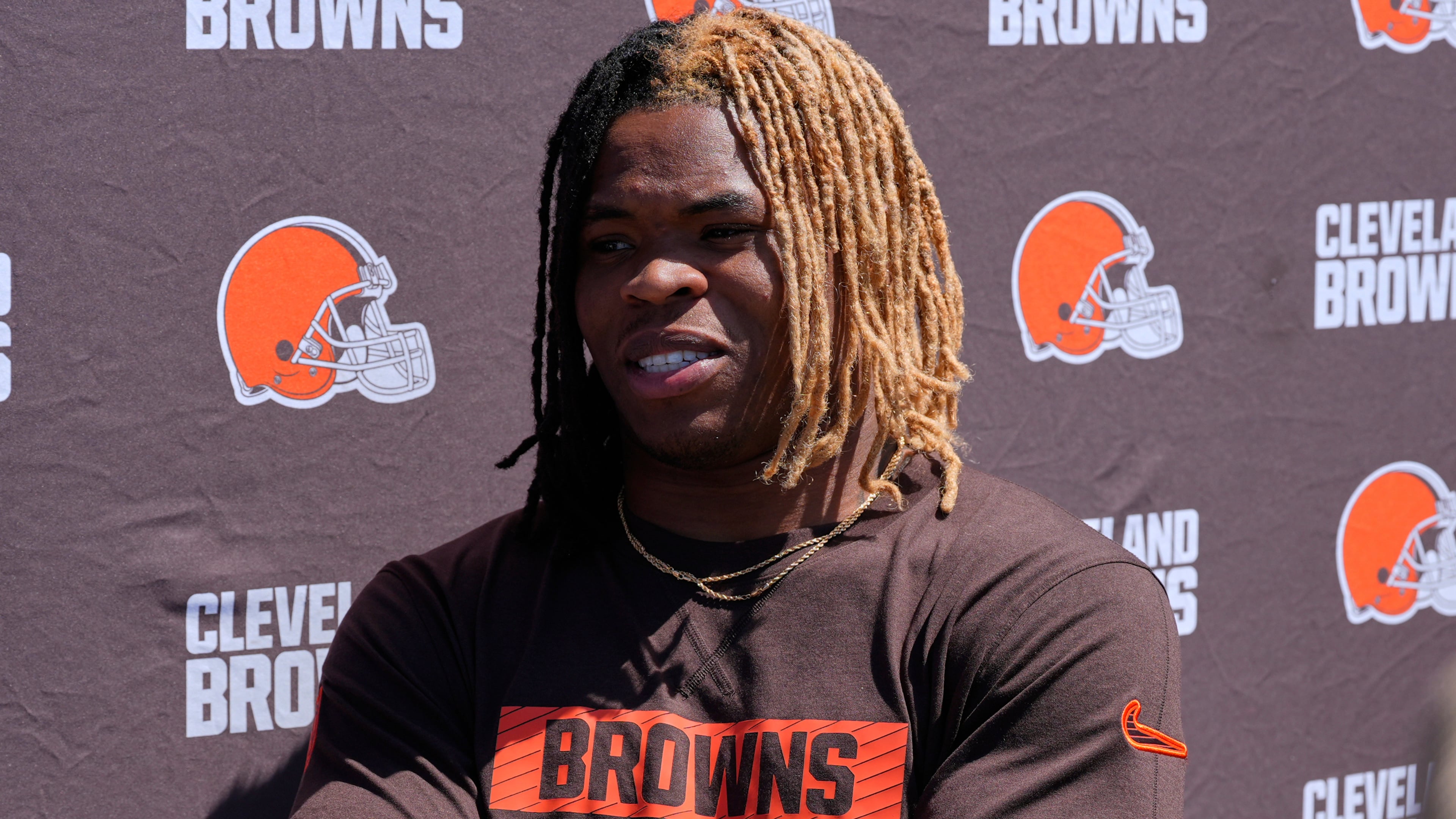 FILE - Cleveland Browns running back Quinshon Judkins speaks during a news conference at the NFL football team's rookie minicamp in Berea, Ohio, Friday, May 9, 2025. (AP Photo/Sue Ogrocki,File)
