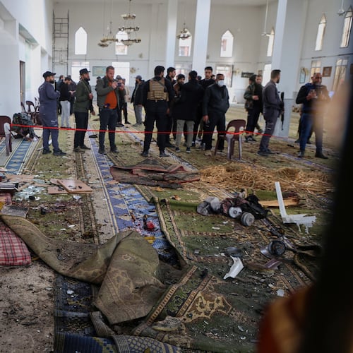 Syrian security forces inspect the damage after an explosion in the Imam Ali bin Abi Talib Mosque in a predominantly Alawite area of the Wadi al-Dhahab neighborhood in Homs, Syria Friday, Dec. 26, 2025.(AP Photo)