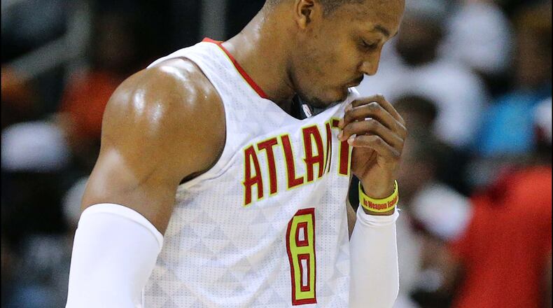 April 28, 2017, Atlanta: Atlanta Hawks Dwight Howard comes out of the game in the third quarter and did not return during a 115-99 loss to the Washington Wizards in game 6 of a first-round NBA basketball playoff series on Friday, April 28, 2017, in Atlanta. Curtis Compton/ccompton@ajc.com
