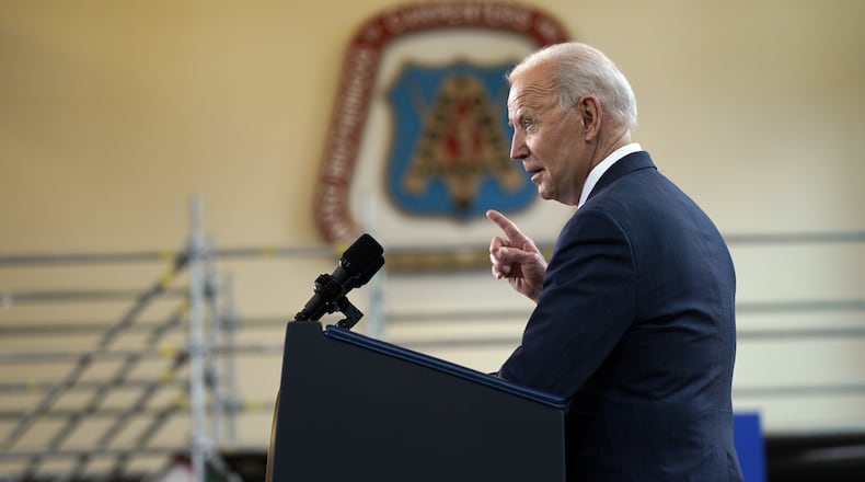 President Joe Biden talks about his infrastructure plan at the Carpenters Pittsburgh Training Center in Pittsburgh on Wednesday, March, 31 2021. President Biden appeared in western Pennsylvania Wednesday afternoon to unveil his $2 trillion infrastructure plan, a far-reaching proposal that he will seek to pay for with a substantial increase in corporate taxes. Anna Moneymaker/The New York Times)