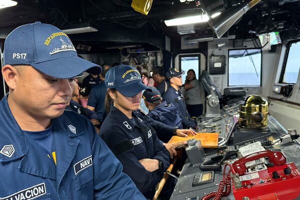The crew of Philippine Navy BRP Andres Bonifacio PS-17 navigates during a maritime patrol at the disputed South China Sea on June 6, 2025. (AP Photo/Joeal Calupitan)
