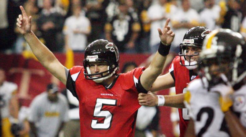 During his 2006 comeback, Morten Andersen celebrates his game-winning field goal in overtime against the Steelers. The Falcons won 41-38.