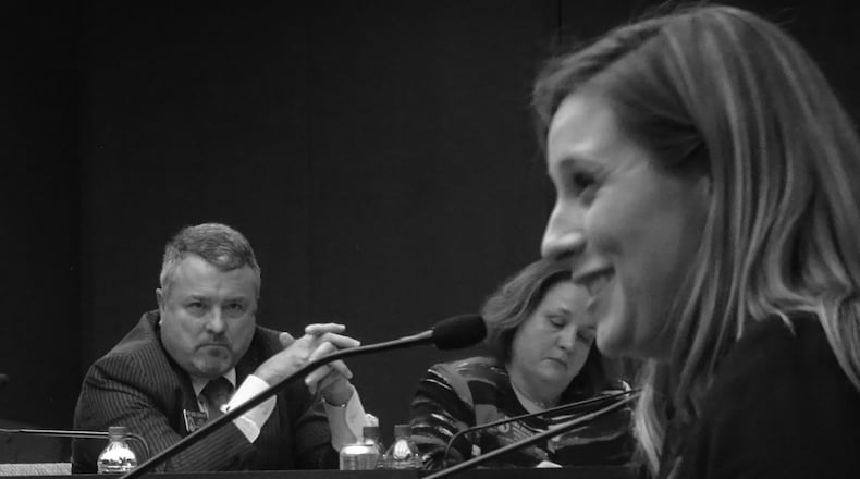 Law student Grace Starling addresses a General Assembly committee about why she opposed House Bill 51 while the bill’s sponsor, state Rep. Earl Ehrhart looks on. (Photo courtesy of Daniel Carter.)