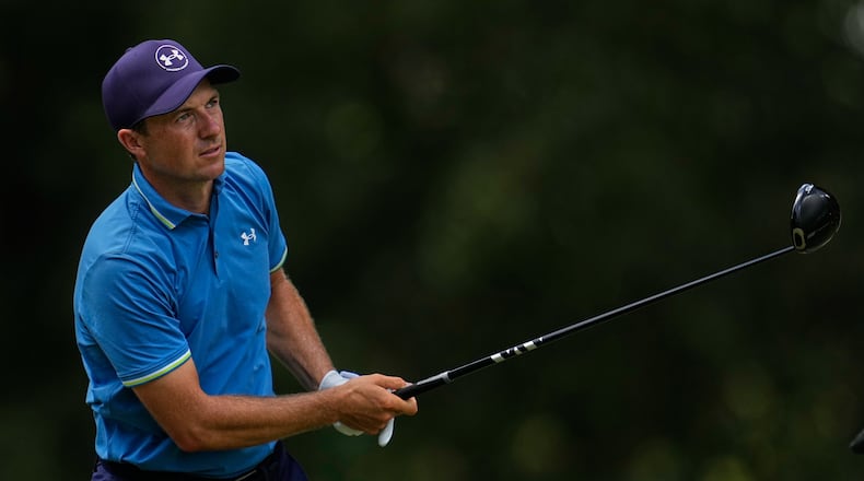 Jordan Spieth watches his tee shot on the seventh hole during the third round of the St. Jude Championship golf tournament Saturday, Aug. 15, 2026, in Memphis, Tenn. (AP Photo/George Walker IV)