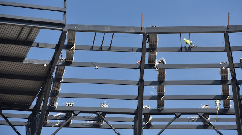 Construction of the canopy continues at the Atlanta Braves new ballpark in Cobb County. SunTrust Park is scheduled to open in time for the 2017 season. Brant Sanderlin, bsanderlin@ajc.com