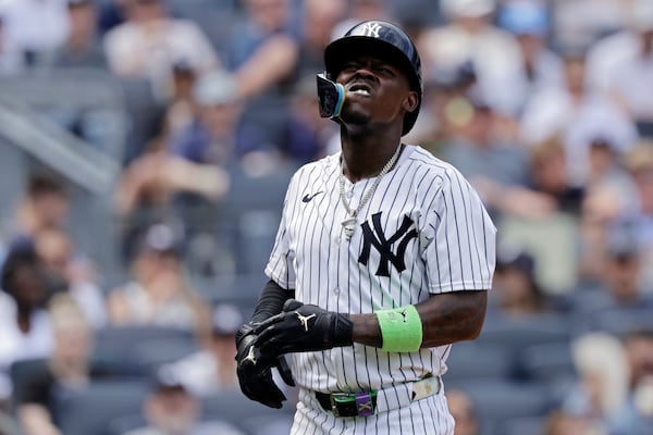 New York Yankees' Jazz Chisholm Jr. reacts after striking out during the sixth inning of a baseball game against the Athletics, Sunday, June 29, 2025, in New York. (AP Photo/Adam Hunger)