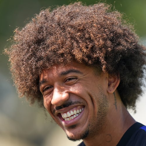 United States' Chris Richards smiles during a training session ahead of a FIFA World Cup match against Turkey in Irvine, Calif., Wednesday, June 24, 2026. (AP Photo/Andre Penner)