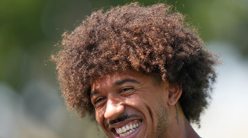 United States' Chris Richards smiles during a training session ahead of a FIFA World Cup match against Turkey in Irvine, Calif., Wednesday, June 24, 2026. (AP Photo/Andre Penner)