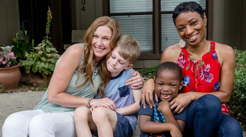 Alison Thomas, left, and her son 6-year-old Grayson Thomas talk with each other and their friends 5-year-old Cade Crockwell and his mother Monica Langley on Tuesday, June 9, 2020. (Jenni Girtman for The Atlanta Journal-Constitution)