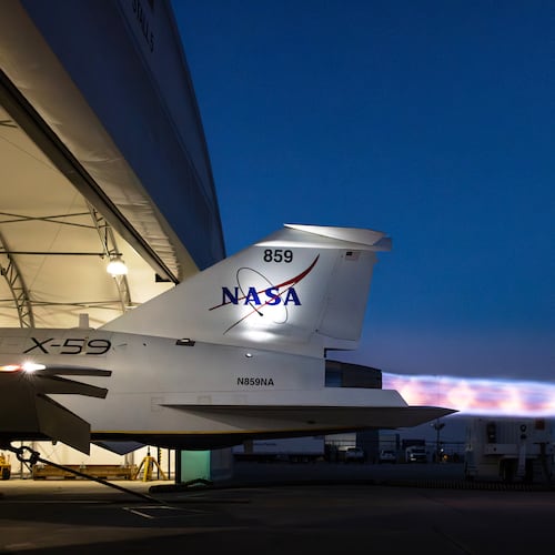 This photo provided by Lockheed Martin shows the X-59 jet plane, which was built by NASA and Lockheed Martin and can move faster than the speed of sound, on Jan. 1, 2025, in Palmdale, Calif. (Garry Tice/Lockheed Martin via AP)