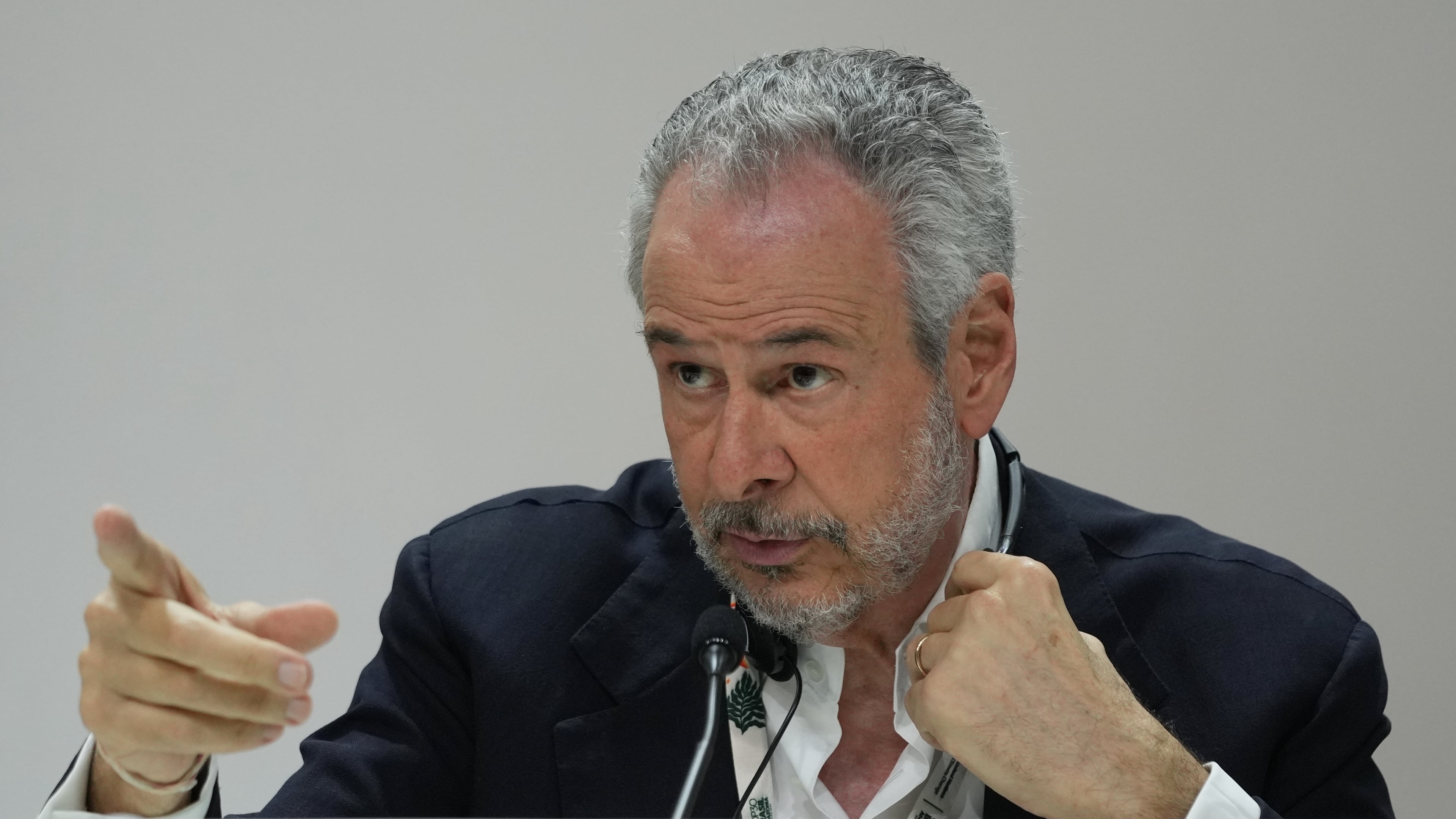 André Corrêa do Lago, COP30 president, gestures during a news conference at the COP30 U.N. Climate Summit, Monday, Nov. 17, 2025, in Belem, Brazil. (AP Photo/Andre Penner)