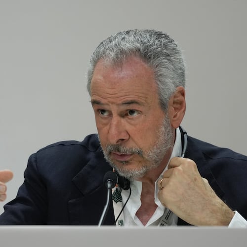 André Corrêa do Lago, COP30 president, gestures during a news conference at the COP30 U.N. Climate Summit, Monday, Nov. 17, 2025, in Belem, Brazil. (AP Photo/Andre Penner)