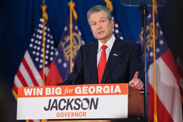 Republican nominee for governor Rick Jackson speaks to his supporters at his runoff election night watch party on Tuesday. (Jason Getz/AJC)