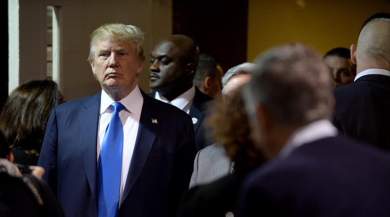 Presidential candidate Donald Trump prepares to speak at "Politics And Eggs" breakfast in Manchester, N.H. on Wednesday. (Darren McCollester/Getty Images)