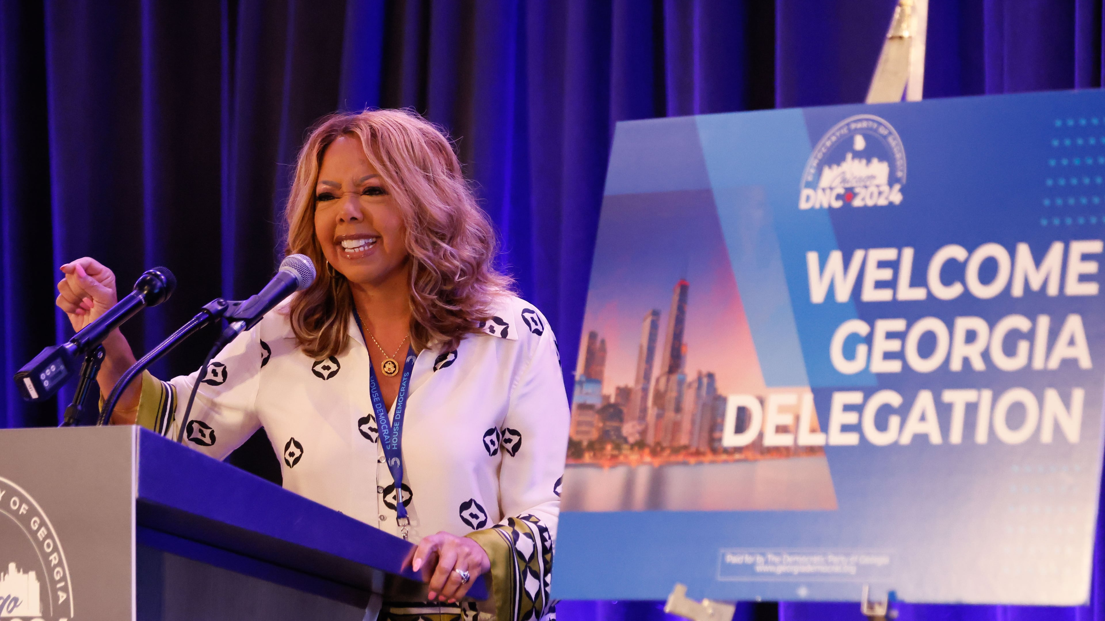 U.S. Rep. Lucy McBath, D-Marietta, spoke to Georgia delegates at last year's Democratic National Convention in Chicago. (Miguel Martinez/AJC)