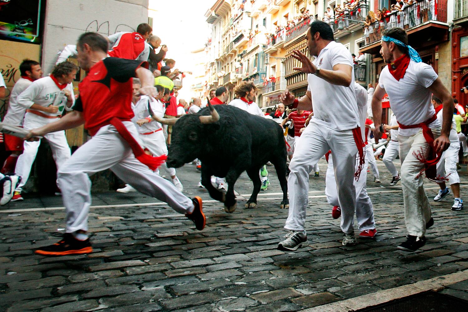 The running of the bulls at the San Fermin fiestas