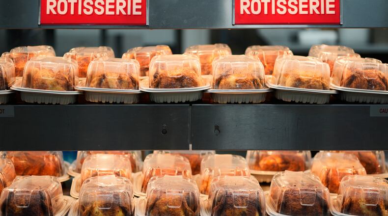 FILE - Rotisserie chickens are on display at a Sam's Club, Sept. 24, 2025, in Bentonville, Ark. (AP Photo/Charlie Riedel, File)