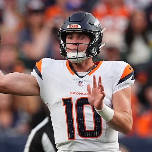 Denver Broncos quarterback Bo Nix (10) throws against the Green Bay Packers during the first half of an NFL preseason football game Friday, Aug. 21, 2026, in Denver. (AP Photo/David Zalubowski)
