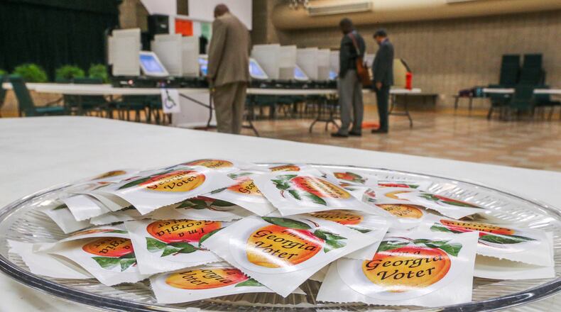 Stickers await voters at Mount Carmel Christian Church on May 24, 2016.