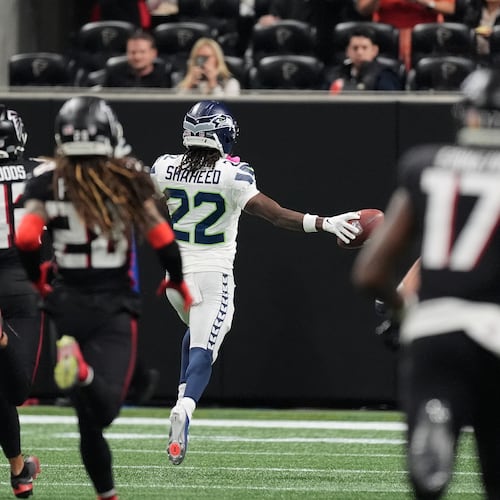 Seahawks wide receiver Rashid Shaheed runs the second-half kickoff back for a touchdown against the Falcons on Sunday, Dec. 7, 2025, in Atlanta. The TD broke a 6-6 halftime tie en route to Seattle winning 37-9. (Mike Stewart/AP)