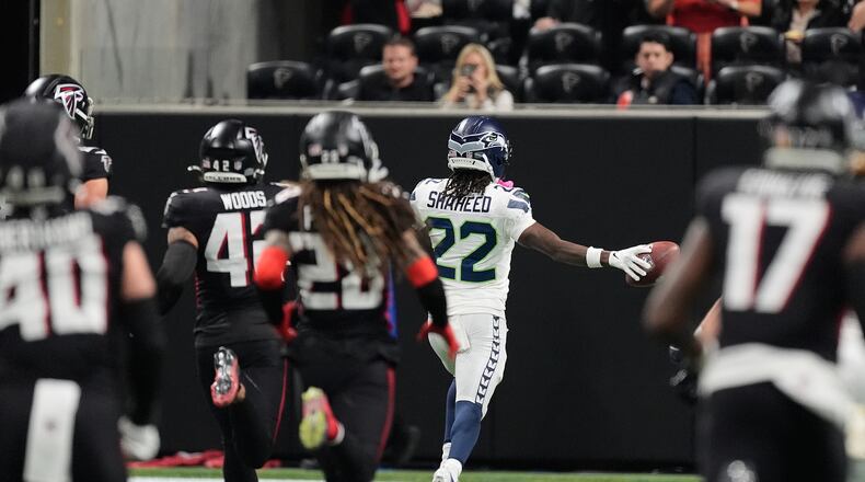 Seahawks wide receiver Rashid Shaheed runs the second-half kickoff back for a touchdown against the Falcons on Sunday, Dec. 7, 2025, in Atlanta. The TD broke a 6-6 halftime tie en route to Seattle winning 37-9. (Mike Stewart/AP)