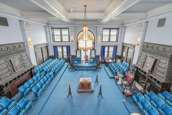 The Savannah Cotton Exchange's large assembly room was used to trade cotton after the Civil War. More recently, it has been used as a meeting room for a Masonic lodge that traces its roots to Georgia's founder. (Courtesy of Andrew Frazier/Engels and Völkers)