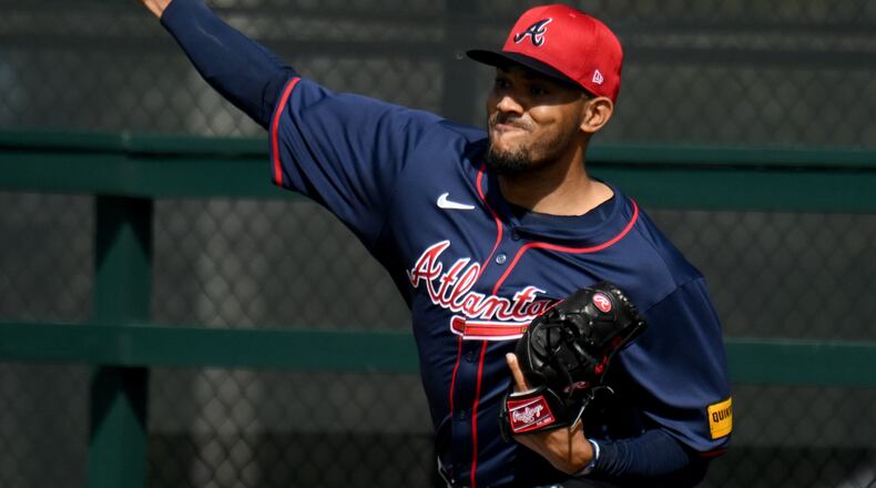 Atlanta Braves starting pitcher Huascar Ynoa throws in the bullpen during spring training workouts at CoolToday Park, Monday, February, 19, 2024, in North Port, Florida. (Hyosub Shin / Hyosub.Shin@ajc.com)