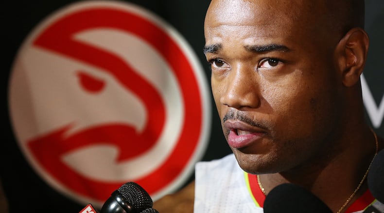 Jarrett Jack takes questions during Hawks media day on Sept. 26, 2016, in Atlanta. Curtis Compton /ccompton@ajc.com