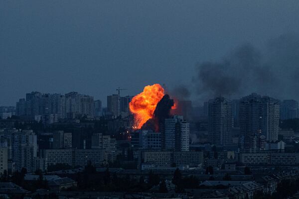 Explosion is seen after Russian air strike on Kyiv, Ukraine, on Friday, June 6, 2025. (AP Photo/Evgeniy Maloletka)