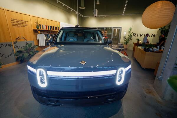 A Rivian R1S model is displayed at Rivian’s headquarters in Atlanta on Tuesday, Aug. 4, 2026. Rivian’s headquarters has 130 employees and is projected to grow to 500 by 2030. (Miguel Martinez/AJC)