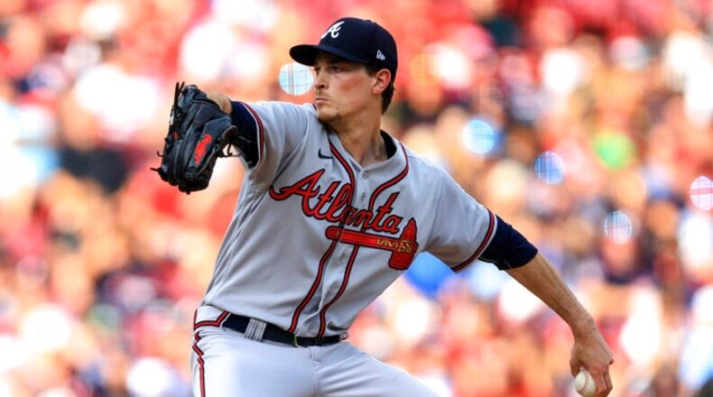 Atlanta Braves' Max Fried throws during the first inning a baseball game against the Cincinnati Reds in Cincinnati, Friday, July 1, 2022. (AP Photo/Aaron Doster)
