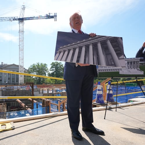 President Donald Trump speaks as he tours Ballroom construction around the outside the White House, Tuesday, May 19, 2026, in Washington. (AP Photo/Jacquelyn Martin)