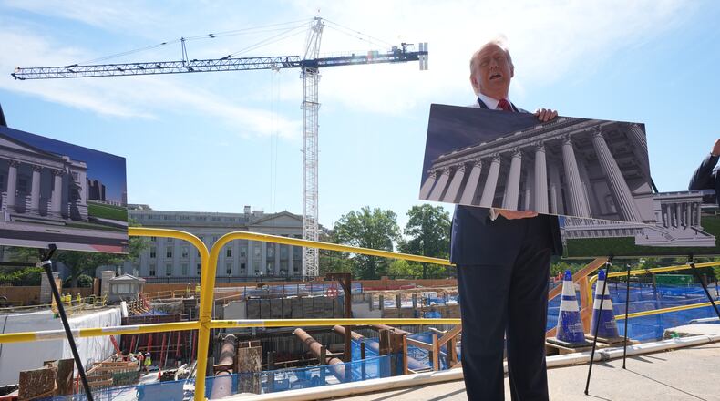 President Donald Trump speaks as he tours Ballroom construction around the outside the White House, Tuesday, May 19, 2026, in Washington. (AP Photo/Jacquelyn Martin)