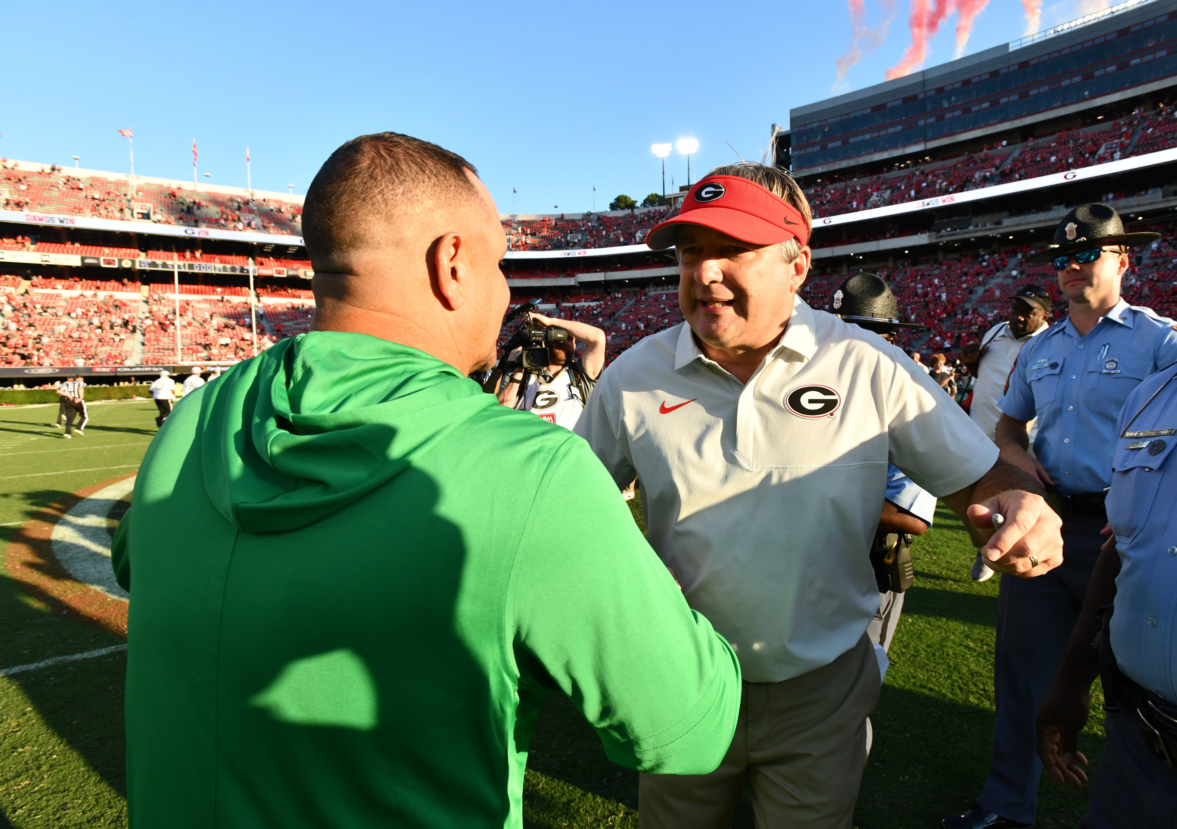 Georgia head coach Kirby Smart and Marshall head coach Tony Gibson shake hands after Georgia beat Marshall during an NCAA football game at Sanford Stadium, Saturday, August 30, 2025, in Athens. Georgia won 45-7 overMarshall. (Hyosub Shin / AJC)